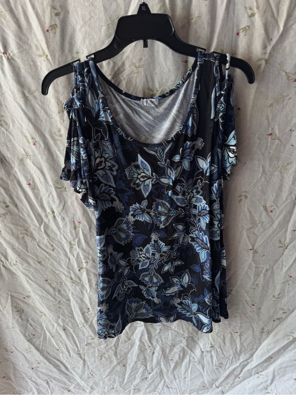 Westport Navy Floral Cold-Shoulder Tank with Light Blue Accents